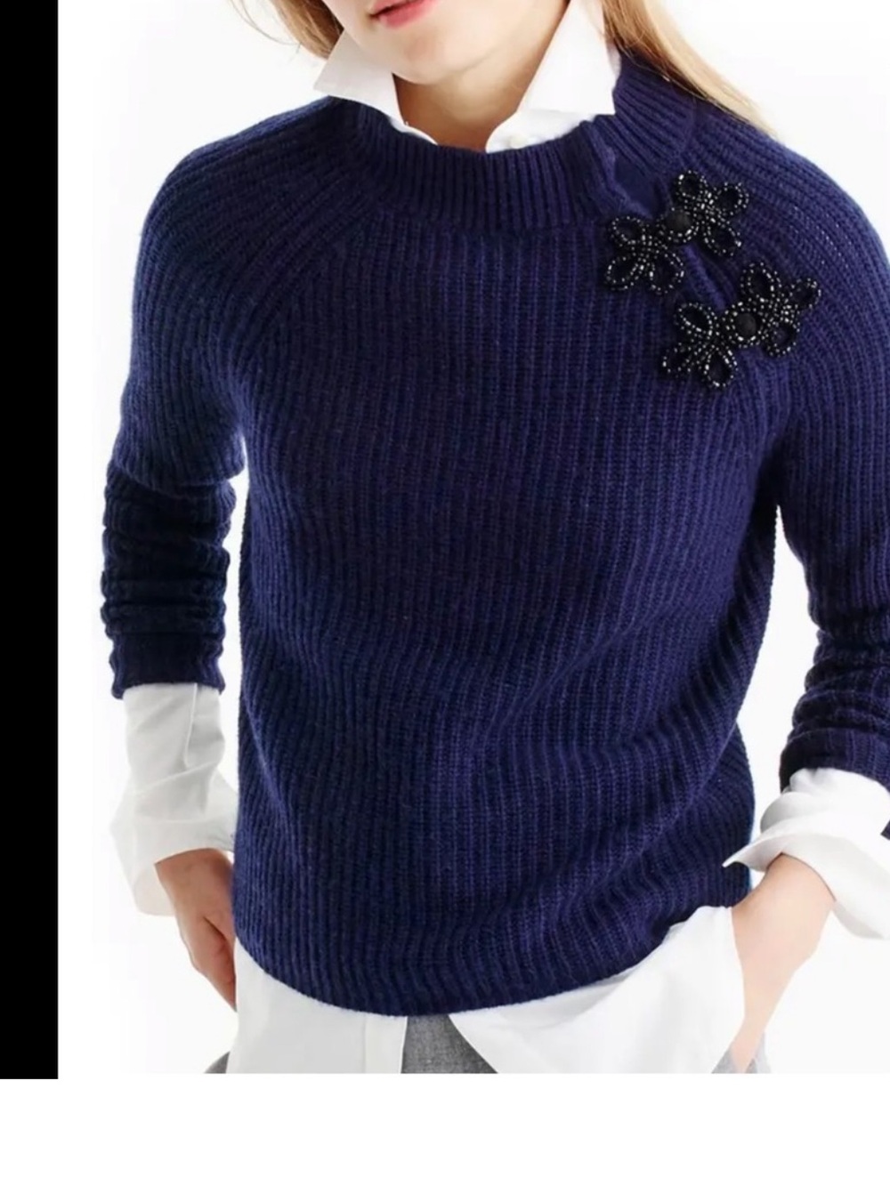 J.Crew Navy Blue Ribbed Mock Neck Embellished Sweater Wool Blend